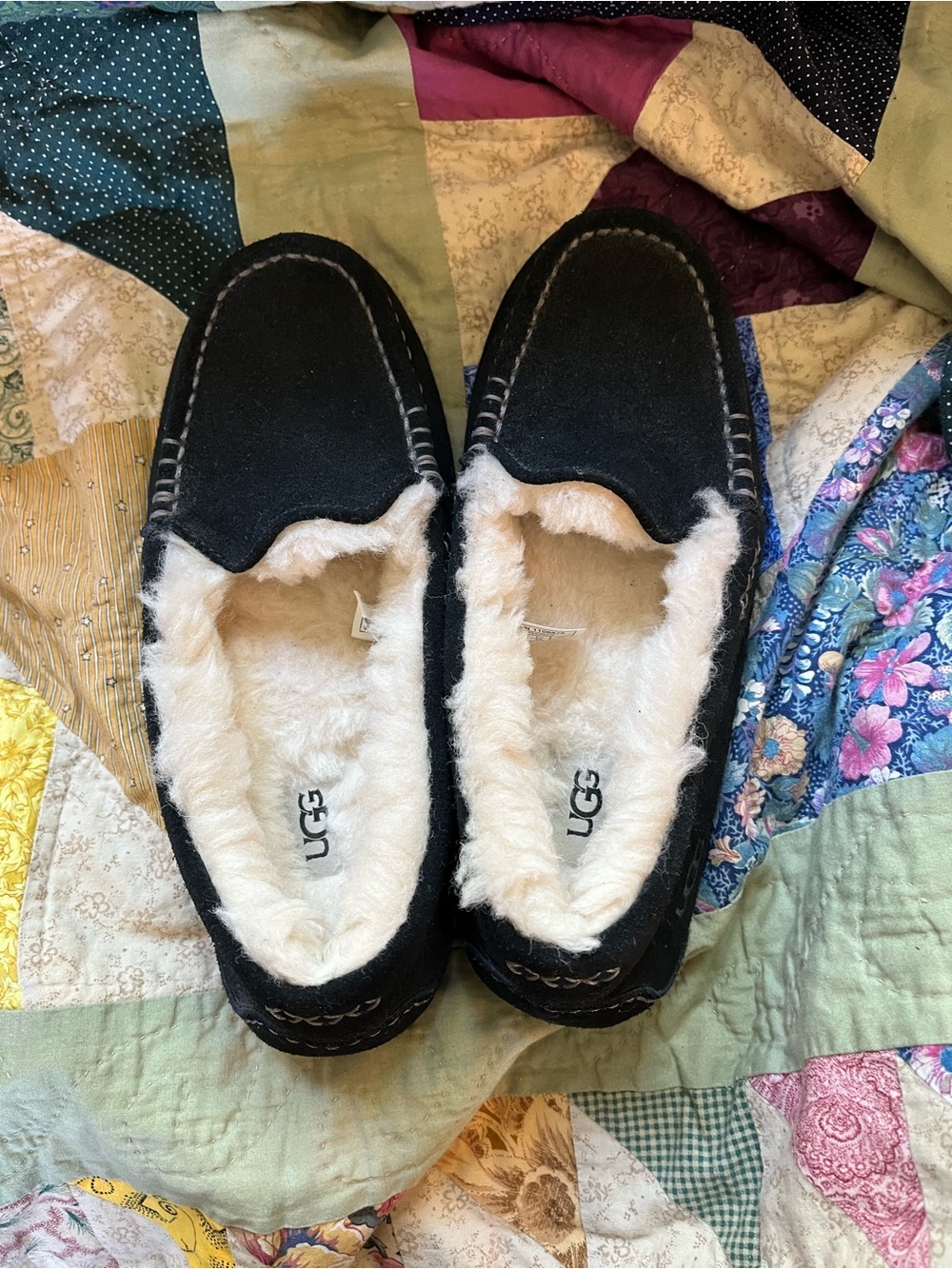 UGG Women's Black Suede Moccasin Slippers with Cream Shearling